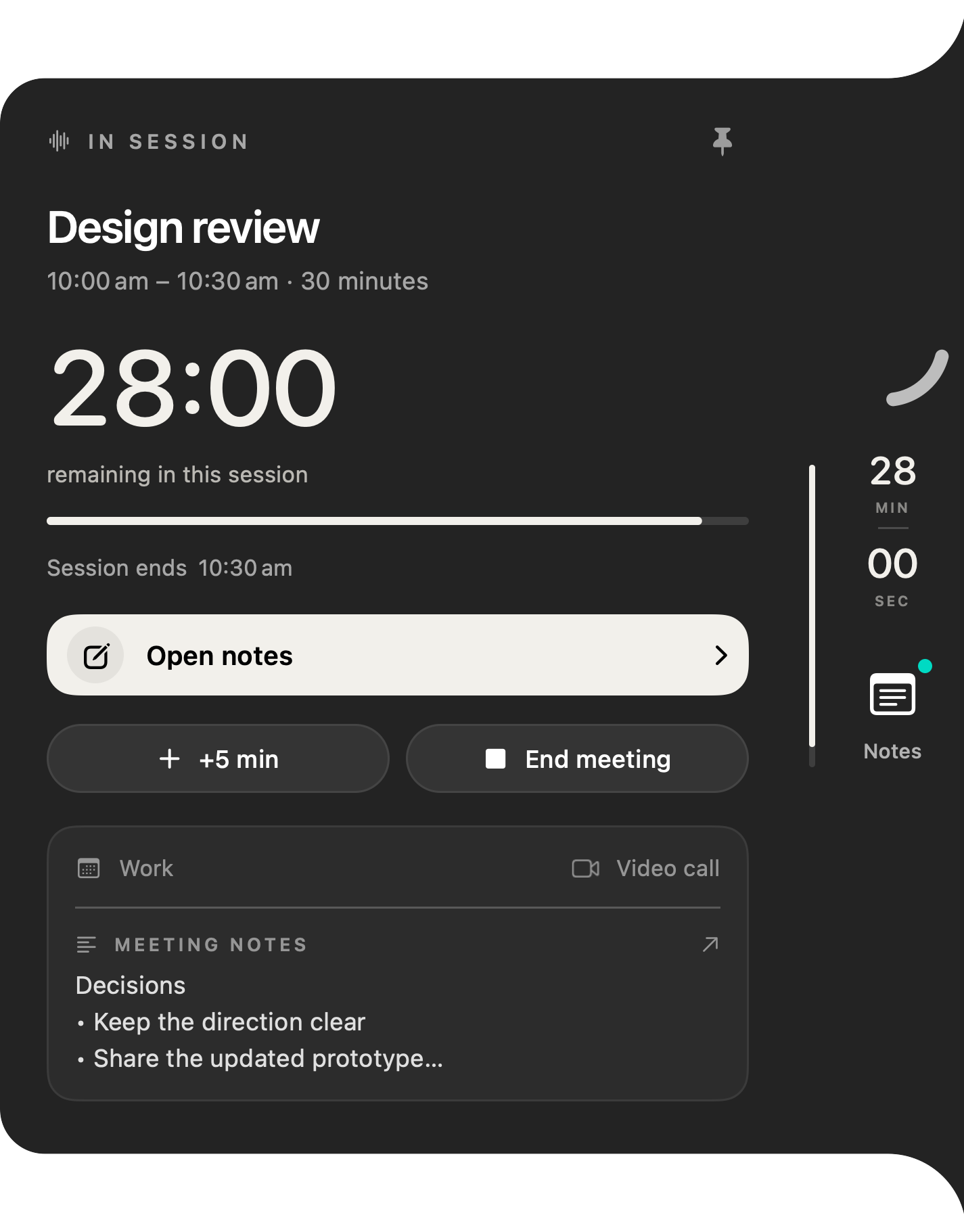 Native Interval IN SESSION panel with 28:00 remaining, Open notes, +5 min and End meeting