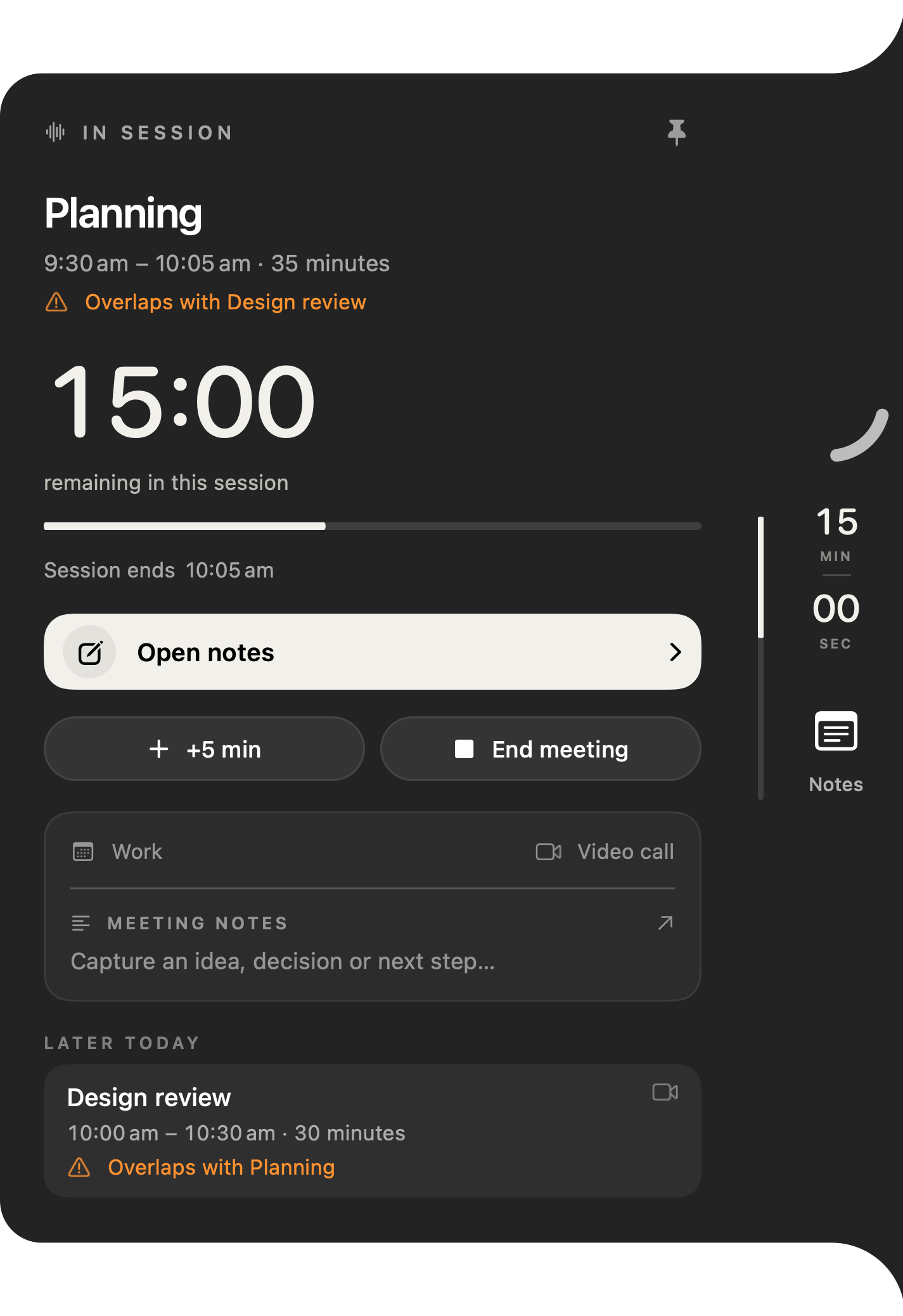Native Interval Planning meeting with an orange Overlaps with Design review warning, and Design review listed under Later today with its own overlap warning
