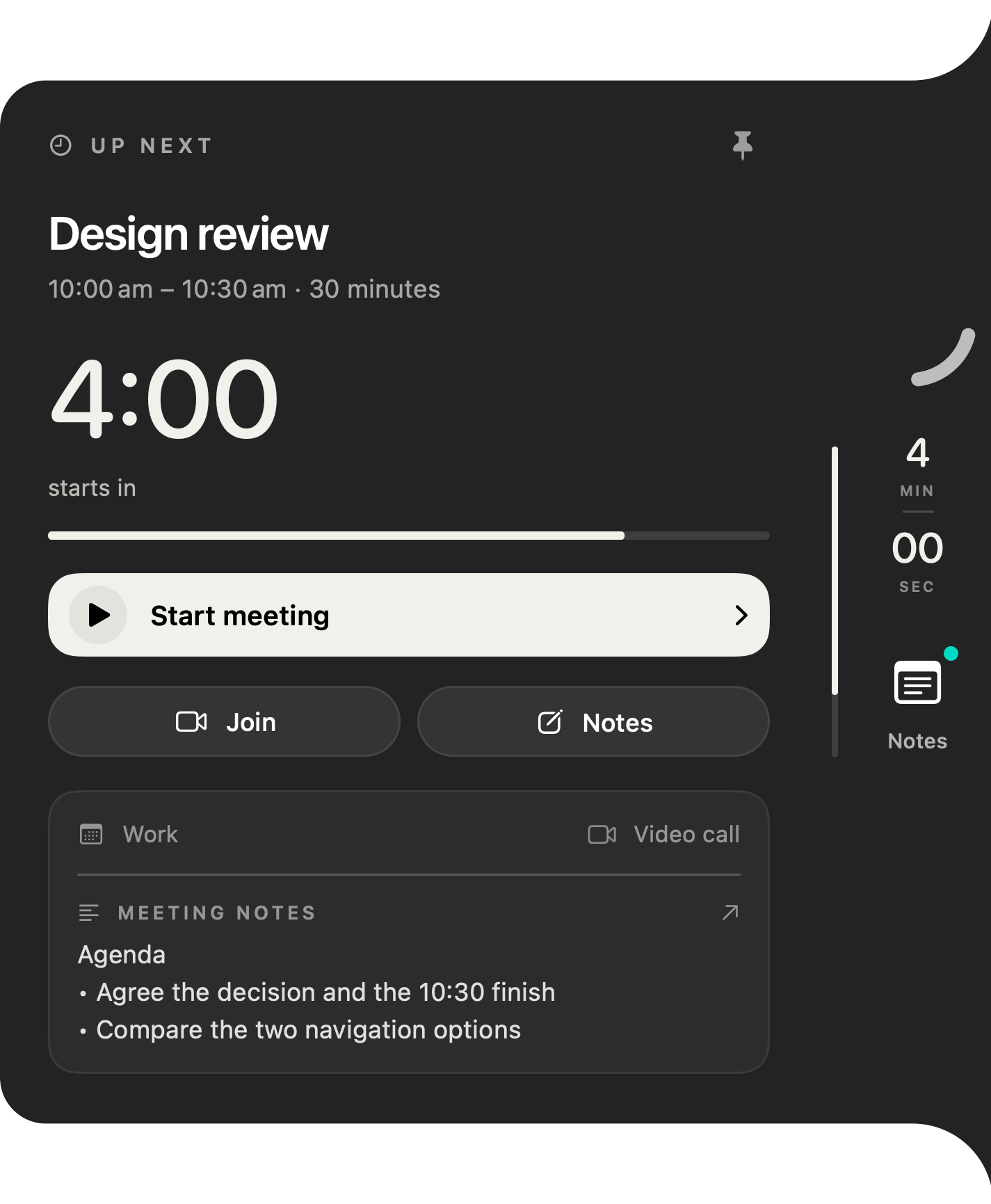Native Interval UP NEXT panel for a 10:00 Design review: starts in 4:00, with Start meeting and an enabled Join button